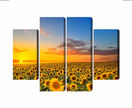 Canvastavla - Sunset over a 3d sunflower field