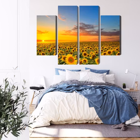 Canvastavla - Sunset over a 3d sunflower field