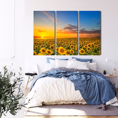 Canvastavla - Sunset over a 3d sunflower field
