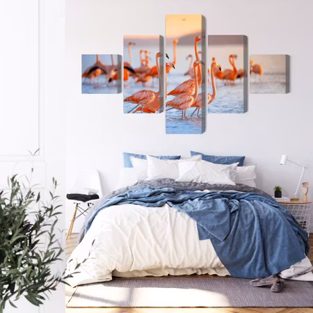 Canvastavla - A flock of flamingos by the water