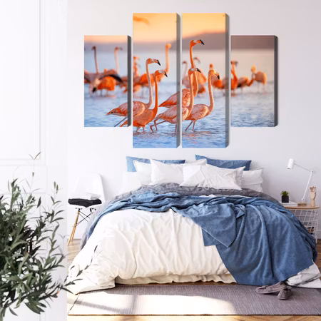 Canvastavla - A flock of flamingos by the water