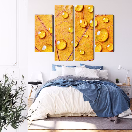 Canvastavla - Water drops on an autumn leaf macro