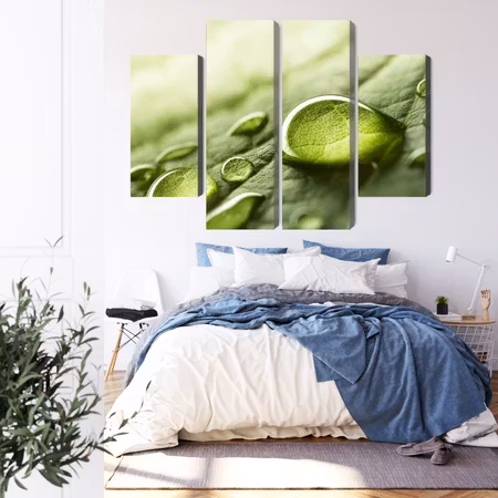 Canvastavla - Water drops on a leaf on a macro scale