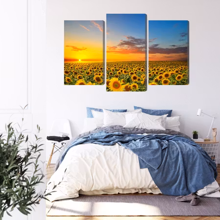 Canvastavla - Sunset over a 3d sunflower field