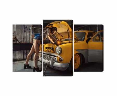 Canvastavla - Sexy woman welded to a car interior