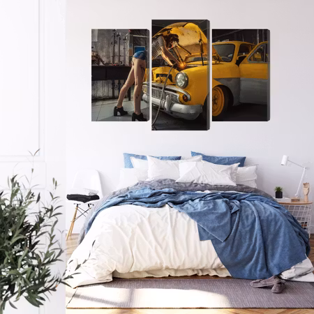 Canvastavla - Sexy woman welded to a car interior