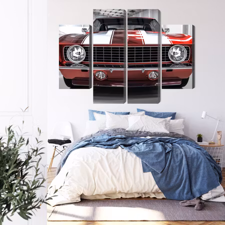 Canvastavla - A red muscle car in a garage