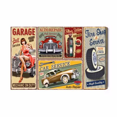 Canvastavla - Collage of old plates with retro cars
