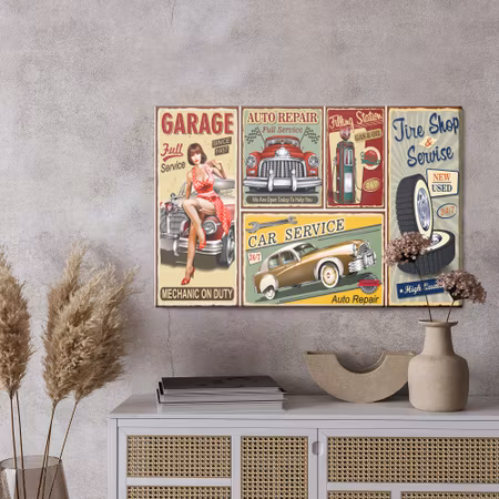 Canvastavla - Collage of old plates with retro cars