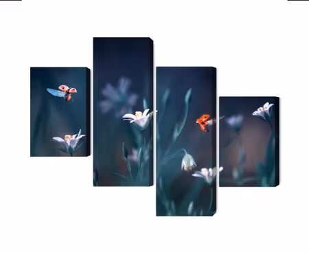 Canvastavla - Ladybugs and wildflowers on a macro scale