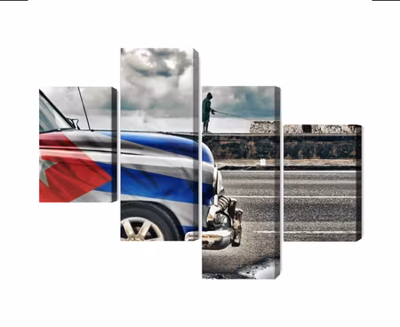 Canvastavla - A car with a cuban flag on the streets