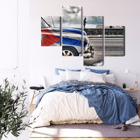 Canvastavla - A car with a cuban flag on the streets