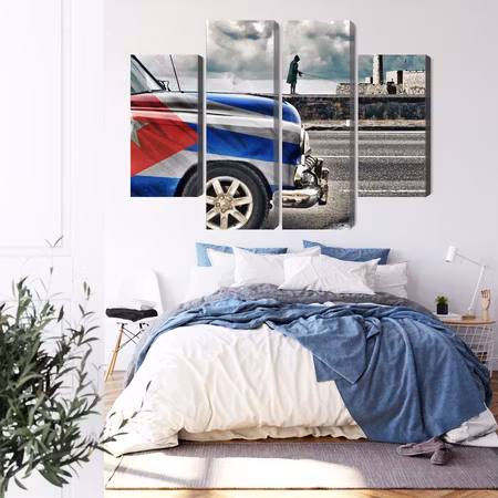 Canvastavla - A car with a cuban flag on the streets