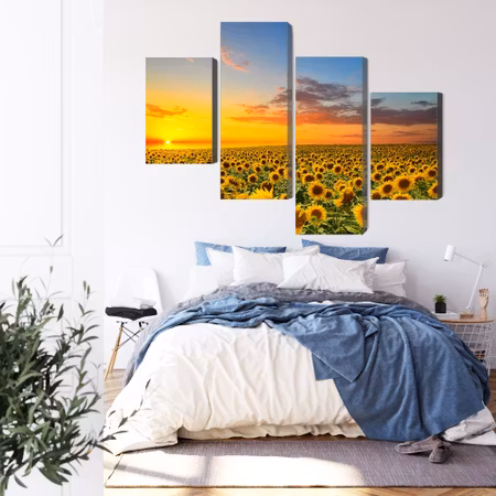 Canvastavla - Sunset over a 3d sunflower field