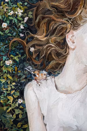 Canvastavla - The girl lies in the grass. a bird sits