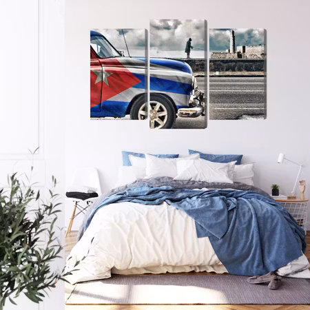 Canvastavla - A car with a cuban flag on the streets