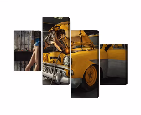 Canvastavla - Sexy woman welded to a car interior