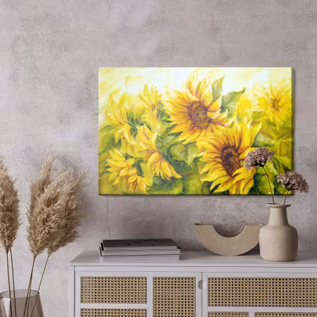 Canvastavla - Sunflowers with leaves as painted