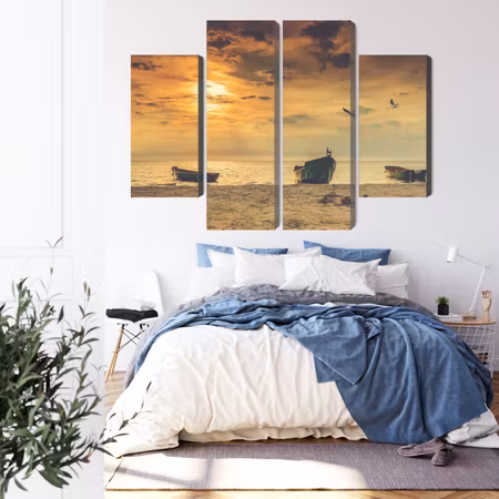 Canvastavla - Multipart Boats on the Beach At