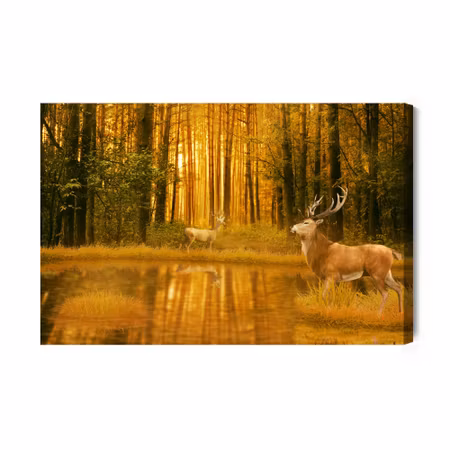 Canvastavla - A Deer By the Lake in the Forest