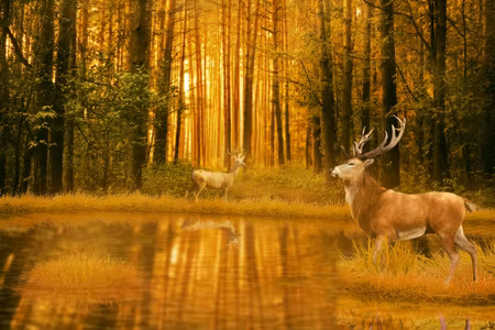 Canvastavla - A Deer By the Lake in the Forest