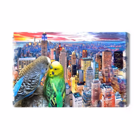 Canvastavla - Budgerigars Against the Backdrop of