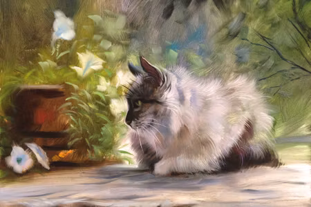Canvastavla - A Cat Among the Green As If Painted