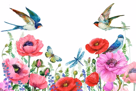 Canvastavla - Watercolor Poppies and Swallows