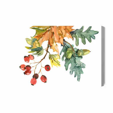 Canvastavla - Autumn Leaves and Fruits Painted in