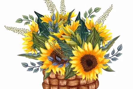 Canvastavla - Basket with a Bouquet of Sunflowers