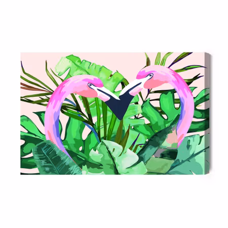 Canvastavla - Flamingos and Tropical Leaves