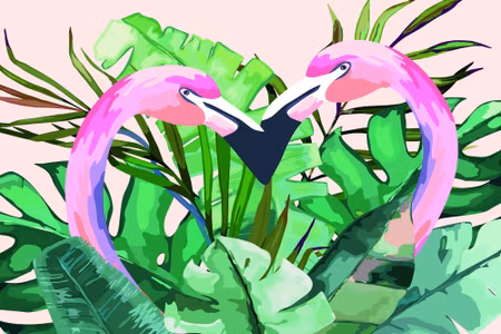 Canvastavla - Flamingos and Tropical Leaves