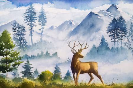 Canvastavla - Moutain Landscape with Deer