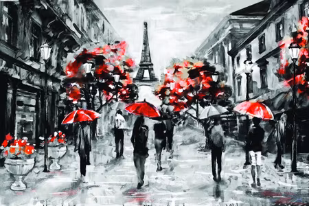 Canvastavla - People with Red Umbrellas in Paris