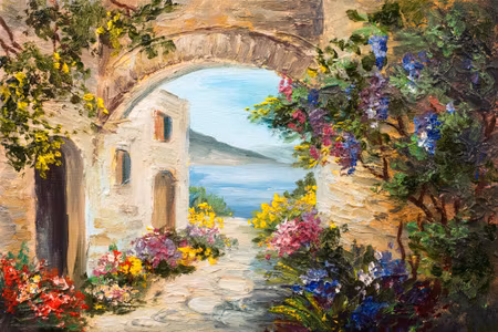 Canvastavla - House By the Sea and Flowers