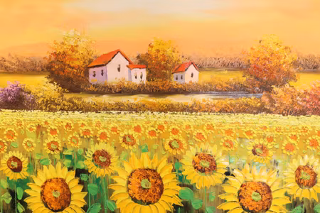 Canvastavla - Cottages At a Sunflower Field