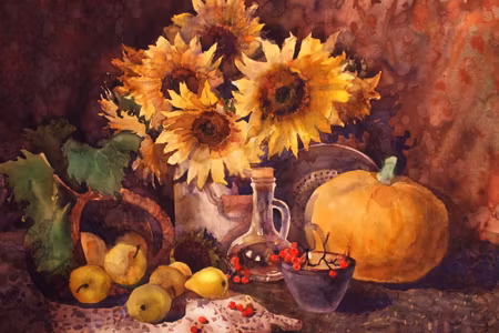 Canvastavla - Still Life with Sunflowers and Fruit