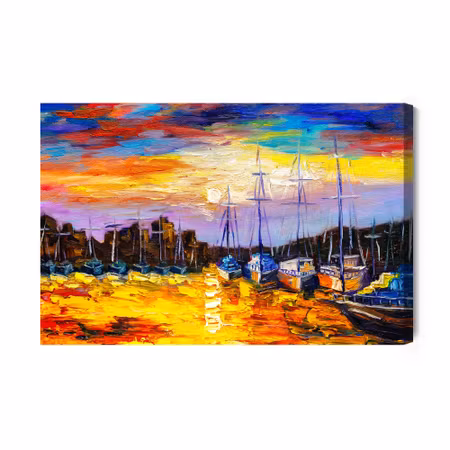 Canvastavla - Sea Boats and Sunset