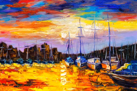Canvastavla - Sea Boats and Sunset