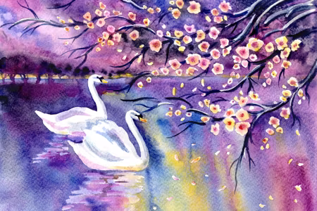Canvastavla - Swans and Flowers