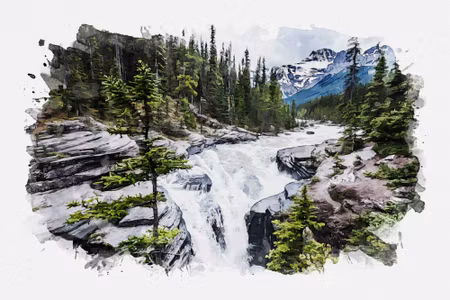 Canvastavla - Waterfall in the Moutains Watercolor