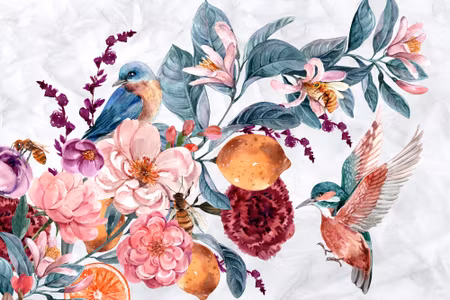 Canvastavla - Colorful Birds Among the Flower