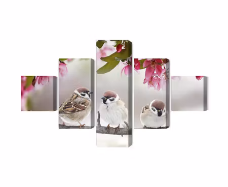 Canvastavla - Multipart Sparrows Among Flowers