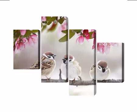 Canvastavla - Multipart Sparrows Among Flowers