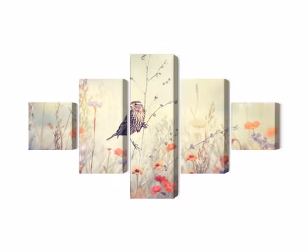 Canvastavla - Multipart a Bird Among Wild Flowers