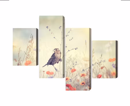 Canvastavla - Multipart a Bird Among Wild Flowers