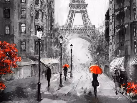 Canvastavla - Multipart People with Red Umbrellas