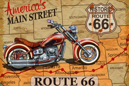 Canvastavla - Motorcycle on the Map of the Usa in