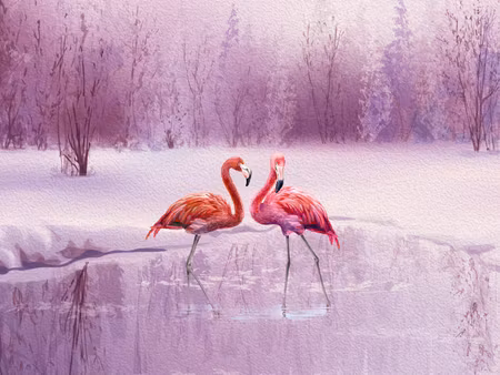 Canvastavla - Multipart Flamingos Against a