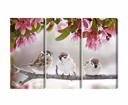 Canvastavla - Multipart Sparrows Among Flowers